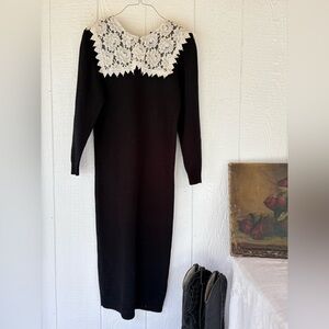Vintage Black Sweater with Lace Collar Dress Small Medium